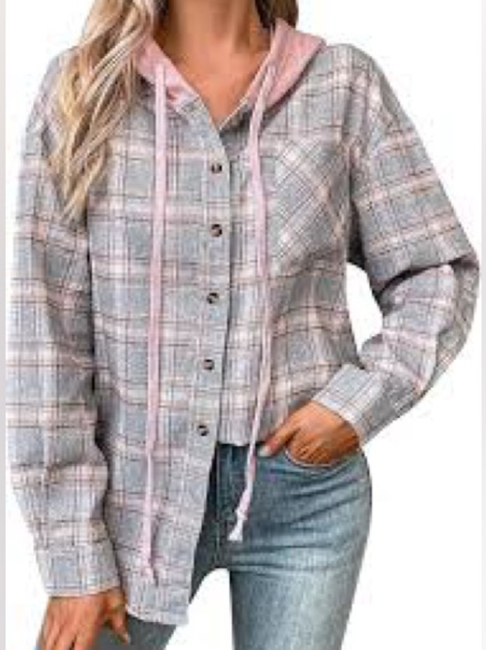 Women’s Pink Plaid Button-Up Hoodie Shirt